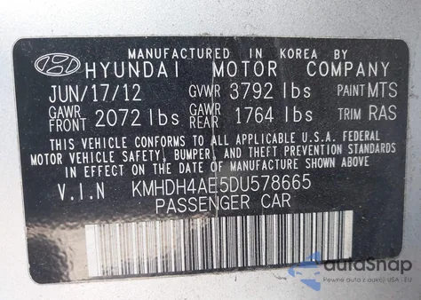 2013 Hyundai Elantra Gls/Limited from USA, damaged, VIN KMHDH4AE5DU578665